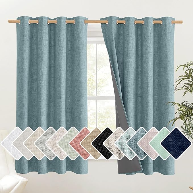 NICETOWN 100% Absolutely Blackout Linen Curtains with Thermal Insulated Liner, Skylark Blue, 52" Wide, 45" Length Energy Saving Curtains for Living Room 2 Panels Set, Vertical Blinds by NICETOWN