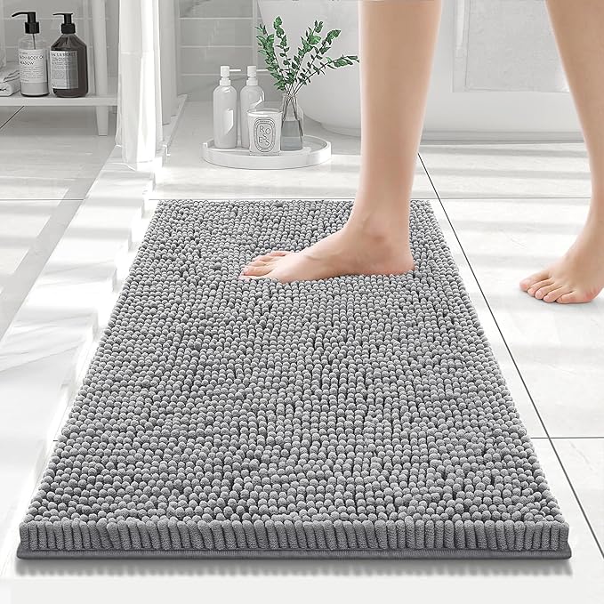 Smiry Luxury Chenille Bathroom Rugs 24x16, Extra Soft and Absorbent Shaggy Bath Mat, Machine Washable, Non-Slip Plush Carpet Runner for Tub, Shower, and Floor, Home Decor Accessories, Grey by Smiry