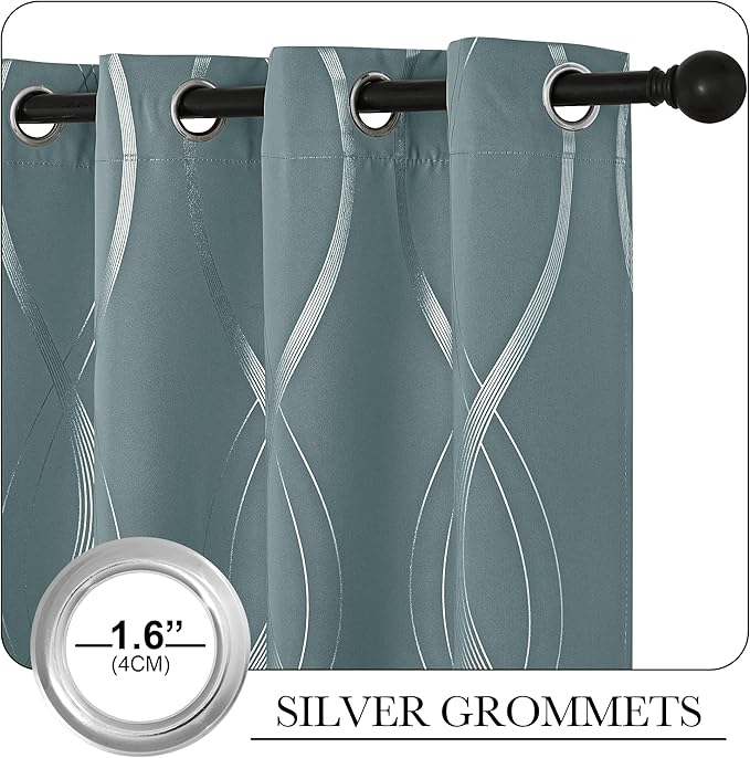 NICETOWN Blackout Curtains Panels for Living Room, Greyish Blue, 52" Wide x 84" Long, 2 Panels, Sound Reducing Thermal Insulated Wave Line Foil Print Design Curtains for Patio Sliding Glass Door - Image 3