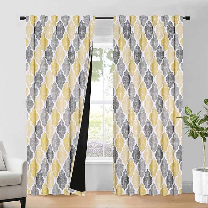 Beauoop 100% Blackout Curtains 84 Inches Long 2 Panels for Bedroom Living Room Yellow Grey Moroccan Geo Room Darkening Thermal Insulated Soundproof Rod Pocket Back Tab Window Treatments Drapes, 50x84 by Beauoop