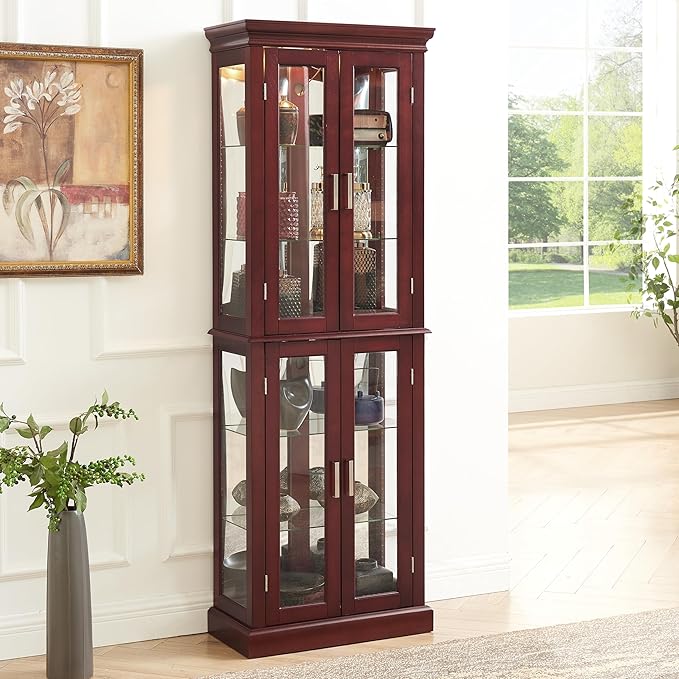Lighted Wooden Display Curio Cabinet,Cabinet with Tempered Glass Door & 6 Shelves,Vintage 3 Side Glass Display Curio Cabinet,Bar and Liquor Storage Area,Glass Bookshelf,E26 light bulb Unincluded - Image 9
