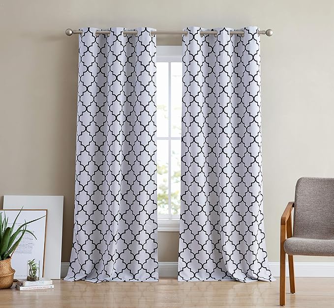 HLC.ME Lattice Print White Black Blackout Curtains 84 Long - Thermal Noise Cancelling Darkening Grommet Draperies Window Treatments Set Draperies - 2 Panels - 37 W x 84 L - Platinum White & Black - Image 6