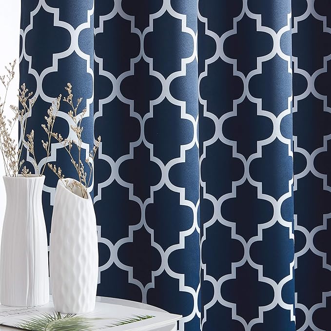 HLC.ME Lattice Print Blackout Window Curtains for Small Windows - Contemporary Decorative Thermal Privacy Room Darkening Grommet Coverings for Basement - Navy Blue - Set of 2-52 x 45 Inch Long - Image 4