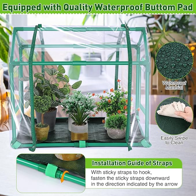 Mini Greenhouse with Potting Mat for Indoor Plant, Heavy Duty Portable Green House with Waterproof Pot Pad for Small Plants, Clear Small Plant Tent for Seed Humidity (Green) - Image 3