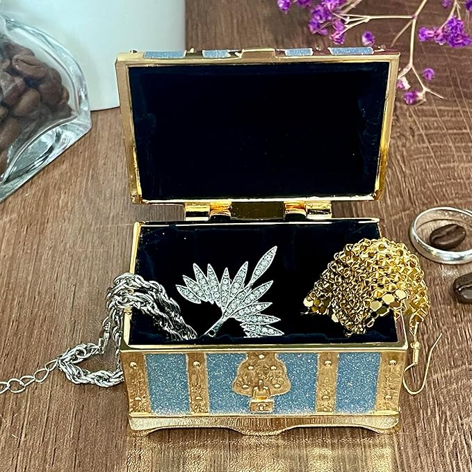 Retro Jewelry Box Arched Vintage Rectangular Metal Chest Necklace Ring Earrings Storage Case for Women Girls (Golden Starlight Blue-purple, S) - Image 2
