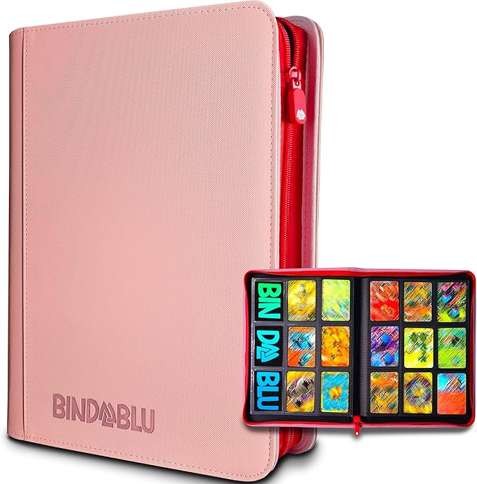 9 Pocket Trading Card Zip Binder - 360 Side Loading Pocket Binder for Colletible Games, Sport, TCG - Trading Card Binder - Gift Card holder for Boys and Girls - Pink card binder by Bindablu