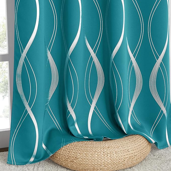 NICETOWN Room Darkening Curtains for Bedroom, Peacock Teal, 2 Panels, 52 x 84 inch, Noise Reducing Thermal Insulated Wave Line Foil Print Design Blackout Curtains for Storage Office Work Area - Image 7
