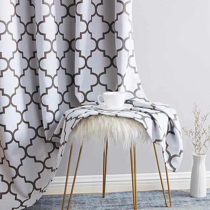 HLC.ME Lattice Print Decorative Blackout Thermal Insulated Privacy Room Darkening Grommet Long Window Drapes Curtain Panels for Bedroom and Office - Platinum White & Grey - 52 W x 96 L - Pair - Image 5