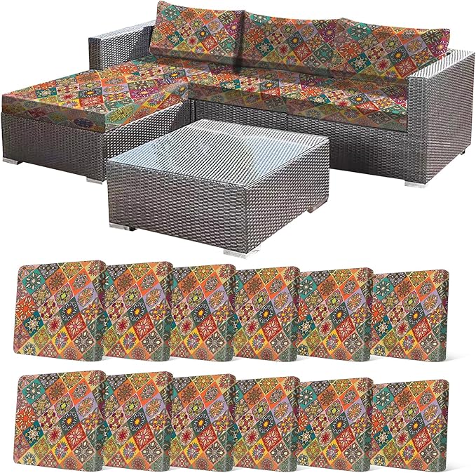 12Pcs Stretch Patio Cushion Cover, Bohemian Colored Geometric Pattern Couch Covers for Patio Furniture Cushions Washable Reusable Couch Covers Replacement for Fall Winter(Cover Only) by CALBODE
