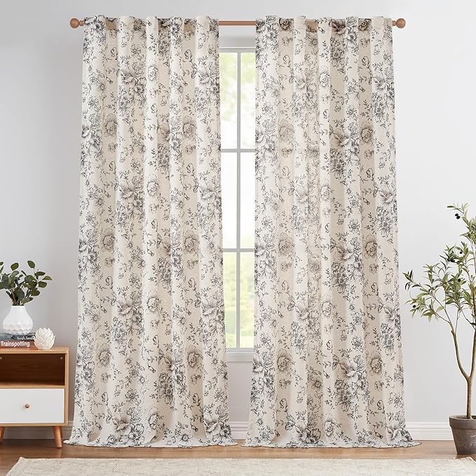 jinchan Linen Blend Curtain Floral Curtains for Living Room 96 Inch Length Black Printed Curtain Rod Pocket Back Tab Farmhouse Peony Flower Patterned Drapes Bedroom Window Curtains Set 2 Panels by JINCHAN