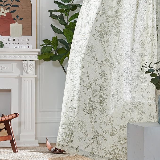 jinchan Pinch Pleated Curtains Floral Linen Blend Curtains for Living Room 108 Inches Length Green Peony Flower Printed Curtain Rod Pocket Back Tab Farmhouse Drapes with Hooks Set 2 Panels - Image 8