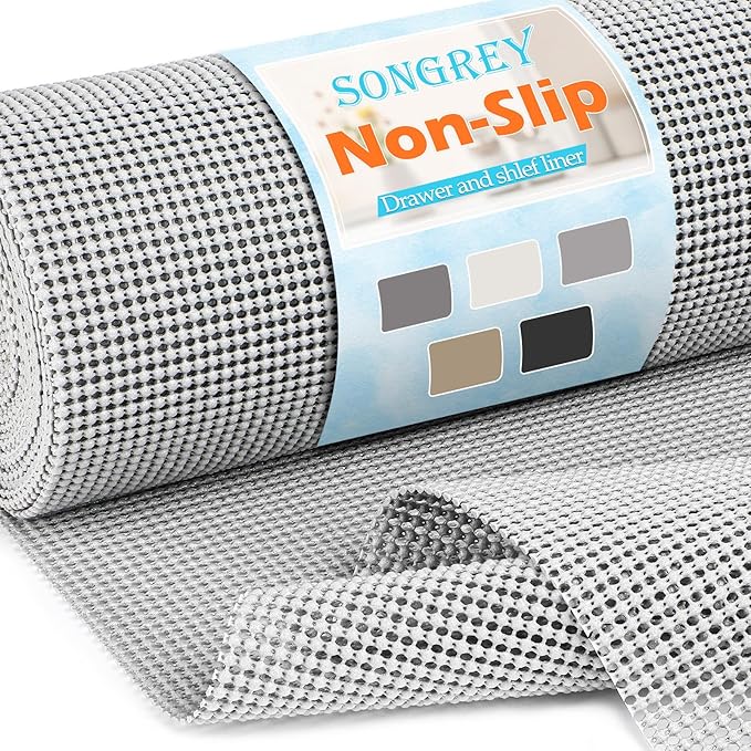 Songrey Non-Adhesive Drawer and Shelf Liner, Non Slip Cabinet Liners, Protect Kitchen Cupboard, Bathroom Drawers, Breathable, Thick Strong Grip mat (12IN x 10FT, Light Gray) by Unknown