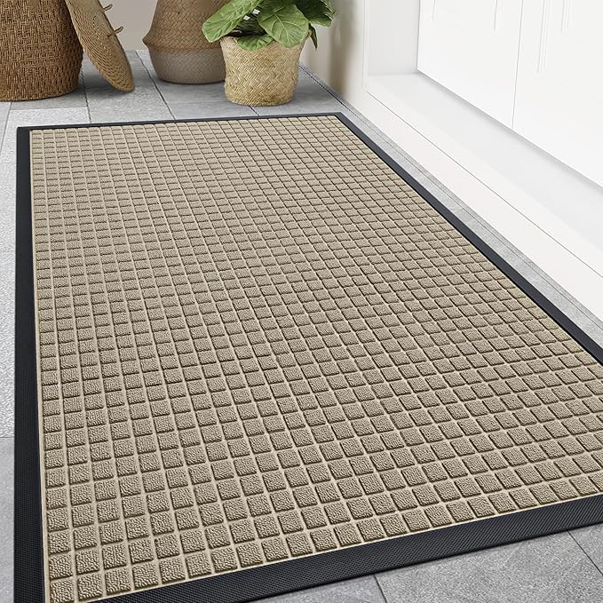 Smiry Front Door Mat Outside Entrance, Heavy Duty Natural Rubber Doormat, Non Slip, Trap Dirt and Moisture, Easy Clean, Low Profile Welcome Floor Mats for Indoor Outdoor Entry, 70x46.5 Inch, Beige by Smiry