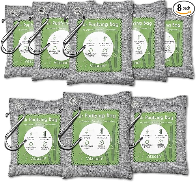 8 Pack Bamboo Charcoal Air Purifying Bag, Activated Charcoal Bags Odor Absorber, Moisture Absorber, Natural Car Air Freshener, Shoe Deodorizer, Odor Eliminators For Home, Pet, Closet, Car by VITSCAN