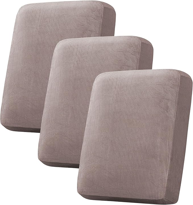 H.VERSAILTEX Velvet Stretch Couch Cushion Cover Plush Cushion Slipcover for Chair Loveseat Sofa Cushion Furniture Protector Seat Cushion Sofa Cover (3 Piece Sofa Cushion Covers, Taupe Striped) by HVERSAILTEX