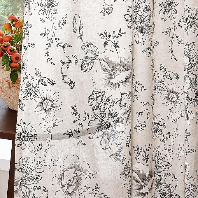 jinchan Linen Floral Curtains Extra Wide for Patio Sliding Glass Door Room Divider Curtain for Living Room 96 Inch Length Farmhouse Peony Black Printed Curtain Set 1 Panel - Image 2