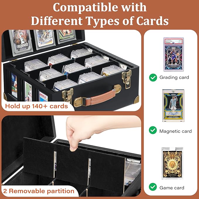 Graded Card Storage Box with Display Window, Wood Card Case for 140+ Cards PSA BGS FGS & SGC, Sports Cards Trading Cards, Graded Card Slab Carrying Case, Christmas Gifts (Black) - Image 3