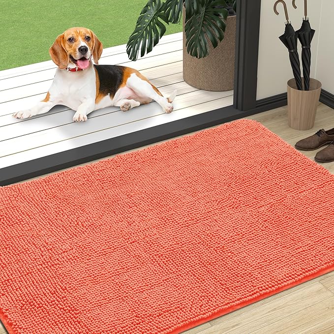 OLANLY Dog Door Mat for Muddy Paws 47x32, Absorbs Moisture and Dirt, Absorbent Non-Slip Washable Doormat, Quick Dry Chenille Mud Mat for Dogs, Entry Indoor Entryway Carpet for Inside Floor, Coral by OLANLY