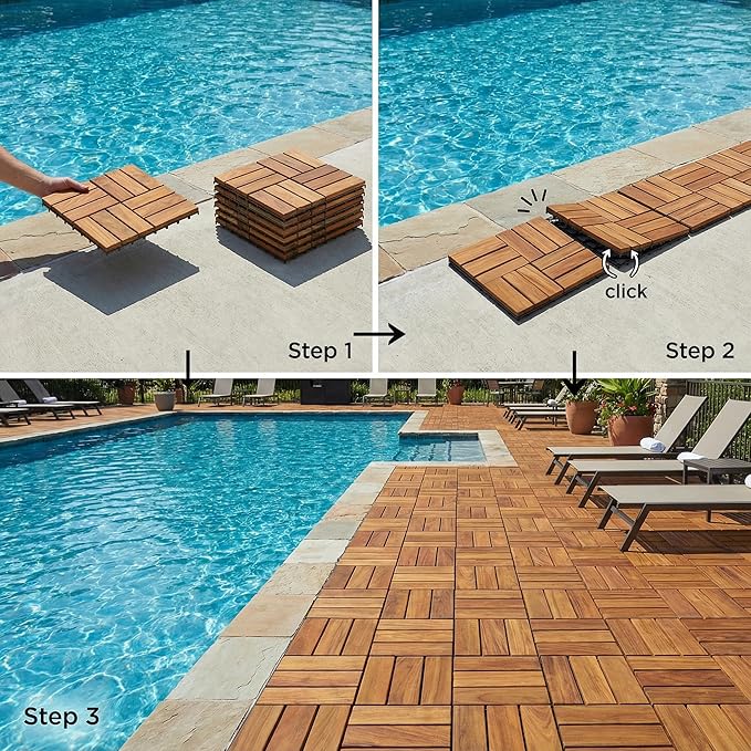 Bare Decor BARE-WF2009 Solid Teak Wood Interlocking Flooring Tiles (Pack of 10), 12" x 12", Brown - Image 2