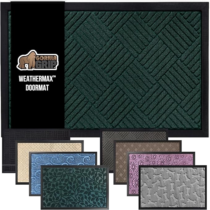 GORILLA GRIP 100% Waterproof All-Season WeatherMax Doormat US Designed Natural Rubber, Stain and Fade Resistant, Low Profile Indoor Outdoor Door Mats, Easy Clean Patio Mat, 23x35, Green Diamond by GorillaGrip