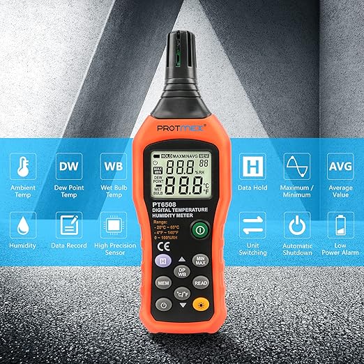 Protmex PT6508 Temperature Humidity Meter, Digital Thermometer Hygrometer Monitor with Ambient, Dew Point, Wet Bulb for Indoor/Outdoor MIN, MAX, Data Hold, LCD Backlight - Image 6