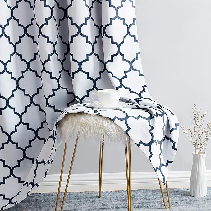 HLC.ME Lattice Print Design Blackout Thermal Curtains 63 Length - Weather Insulated - Light Blocking Blacking Window Grommet Curtain Panels for Bedroom - Platinum White & Navy Blue, 52 W x 63 L - Pair - Image 5