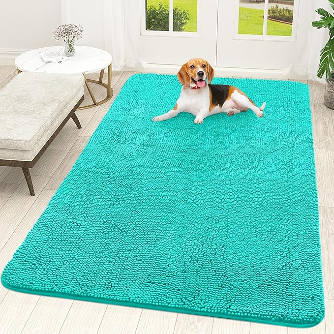 OLANLY Dog Door Mat for Muddy Paws 70x46, Absorbs Moisture and Dirt, Absorbent Non-Slip Washable Doormat, Quick Dry Chenille Mud Mat for Dogs, Entry Indoor Entryway Carpet for Inside Floor, Teal by OLANLY
