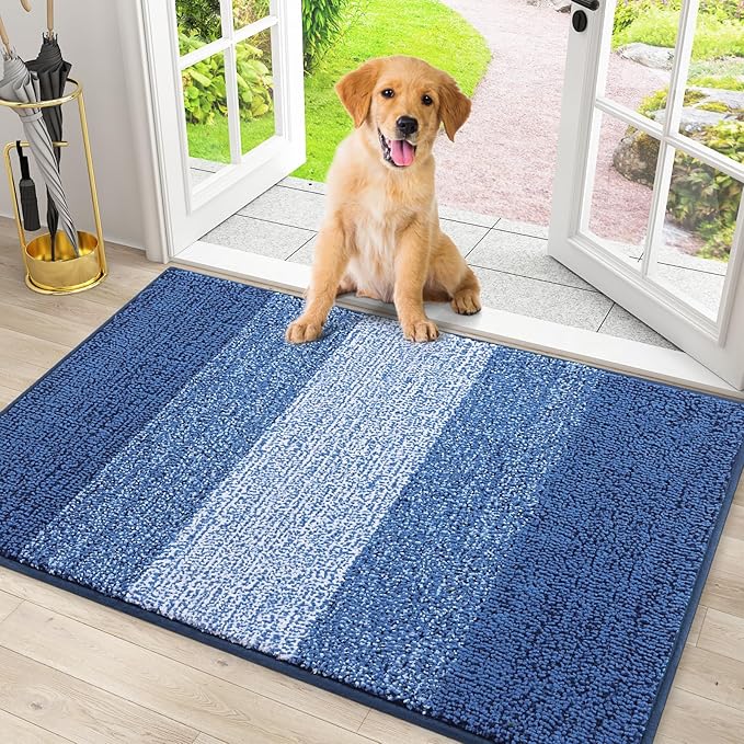 Smiry Dog Door Mat for Muddy Paws, Absorbs Moisture and Dirt, Low-Profile Entryway Mat with Non-Slip Backing, Entry Indoor Outdoor Doormat for Inside Floor (30x20 Inches, Navy Blue, Striped) by Smiry