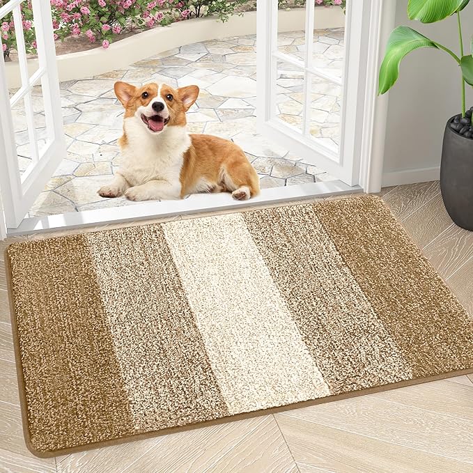 Smiry Dog Door Mat for Muddy Paws, Absorbs Moisture and Dirt, Low-Profile Entryway Mat with Non-Slip Backing, Entry Indoor Outdoor Doormat for Inside Floor (30x17 Inches, Camel, Striped) by Smiry