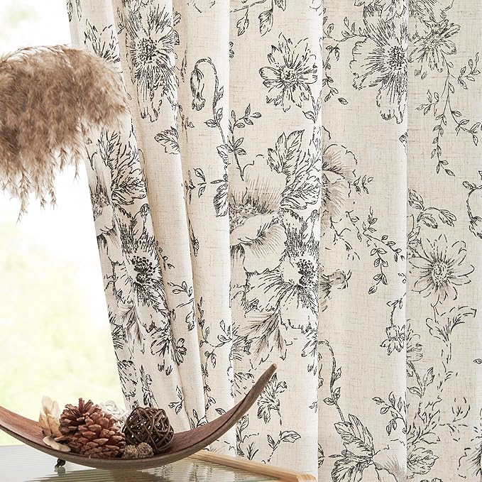 jinchan Pinch Pleated Curtains Floral Linen Blend Curtains for Living Room 96 Inches Length Black Peony Flower Printed Curtain Rod Pocket Back Tab Farmhouse Pinch Pleat Drapes with Hooks Set 2 Panels - Image 9