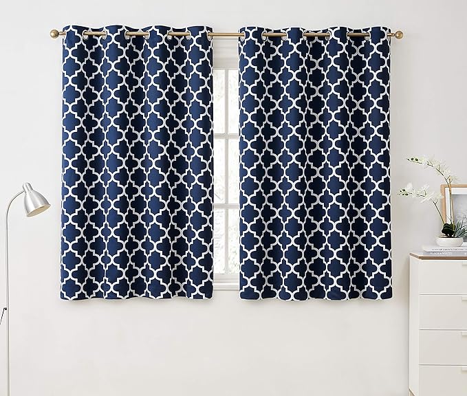 HLC.ME Lattice Print Blackout Window Curtains for Small Windows - Contemporary Decorative Thermal Privacy Room Darkening Grommet Coverings for Basement - Navy Blue - Set of 2-52 x 45 Inch Long by HomeLinenCollections