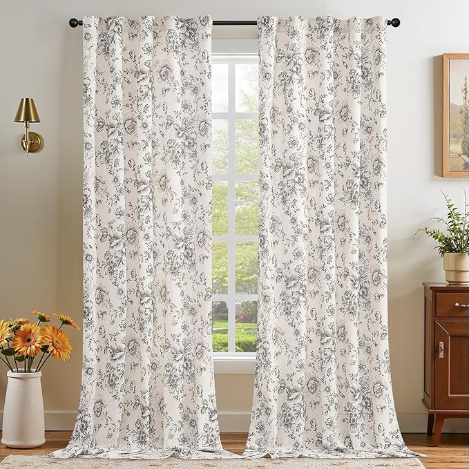 jinchan Linen Blend Curtain Floral Curtains for Living Room 120 Inch Length Black Printed Curtain Rod Pocket Back Tab Farmhouse Peony Flower Patterned Drapes Bedroom Window Curtains Set 2 Panels - Image 7