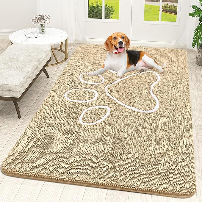 OLANLY Dog Door Mat for Muddy Paws 59x35, Paw Print Design, Absorbs Moisture and Dirt, Absorbent Non-Slip Washable Doormat, Quick Dry Chenille Mud Mat for Dogs, Entry Indoor Entryway Carpet, Beige by OLANLY