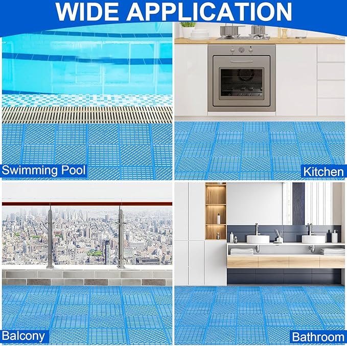 MYFAMIREA Modular Interlocking Cushion 12 Pack 11.8" x 11.8" Rubber Floor Tiles Non-Slip Splicing Drainage Mats for Deck, Pool, Shower, Patio, Balcony, Bathroom, Kitchen, Yard (2 Rows Dots, Blue) - Image 7