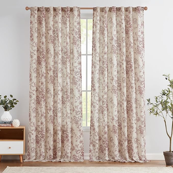 jinchan Linen Blend Curtain Floral Curtains for Living Room 96 Inch Length Farmhouse Brick Red Printed Curtain Rod Pocket Back Tab Peony Flower Patterned Drapes Curtains Set 2 Panels by JINCHAN