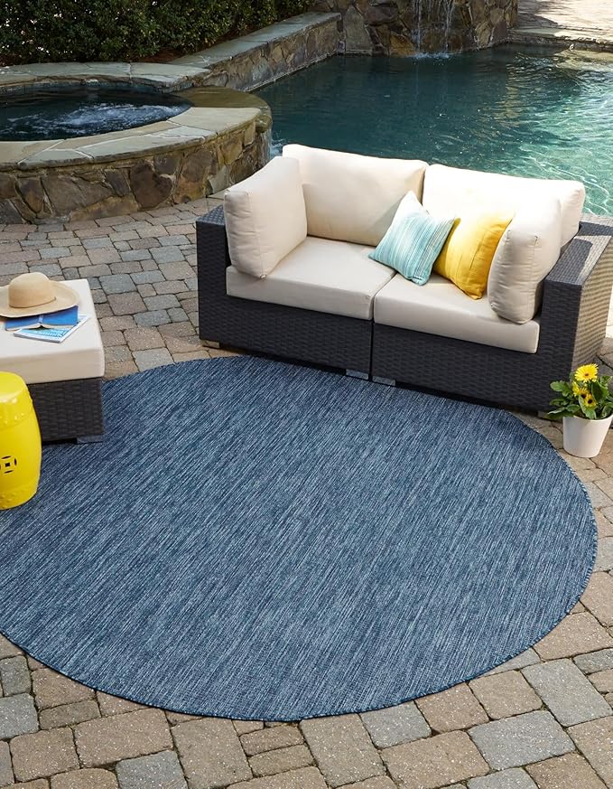 Unique Loom Collection Casual Transitional Solid Heathered Indoor/Outdoor Flatweave Area Rug (3' 3" Round, Blue/Navy Blue) by UniqueLoom