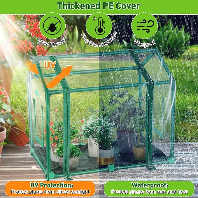 Mini Greenhouse with Potting Mat for Indoor Plant, Heavy Duty Portable Green House with Waterproof Pot Pad for Small Plants, Clear Small Plant Tent for Seed Humidity (Green) - Image 4