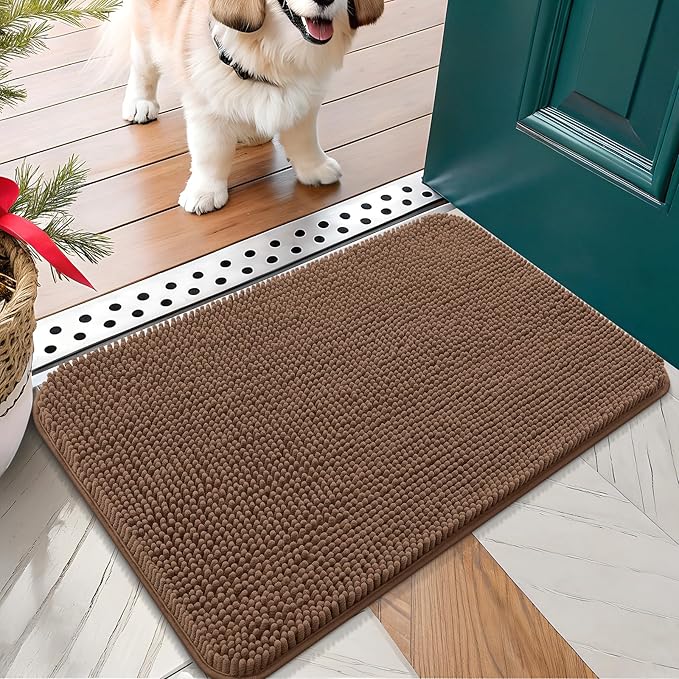 OLANLY Dog Door Mat for Muddy Paws 30x17, Absorbs Moisture and Dirt, Absorbent Non-Slip Washable Doormat, Quick Dry Chenille Mud Mat for Dogs, Entry Indoor Entryway Carpet for Inside Floor, Mocha by OLANLY