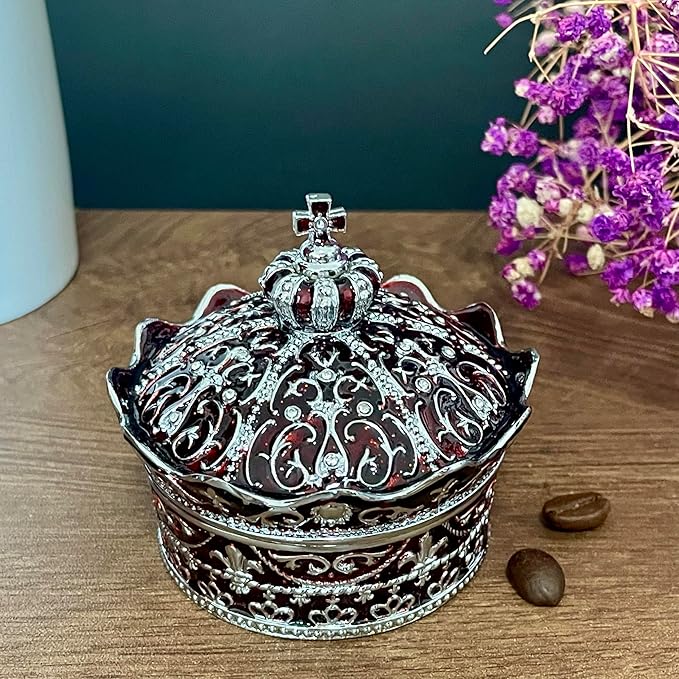 Crown Shape Jewelry Chest,Yurt Style Vintage Metal Gem Box,Round Alloy Retro Patterned Storage Case (Chrome Red, S) - Image 2