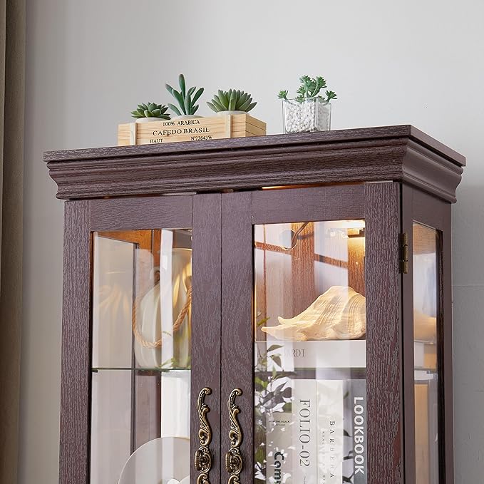 Lighted Glass Curio Cabinet with Lights & Adjustable Shelves,Curio Display Cabinet with Wood Frame,Corner Cabinet for Kitchen,Living Room,Office(Free Standing,Light Bulb Include) - Image 3