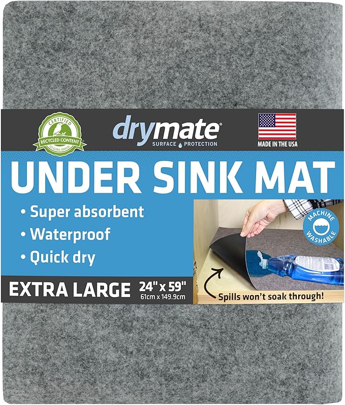 Drymate Premium XL Under Sink Mat, Waterproof Cabinet Protection Mats for Kitchen & Bathroom, Absorbent Shelf Liners, Slip-Resistant, Non-Adhesive, Machine Washable (USA Made)(24”x59”)(Light Grey) by Drymate