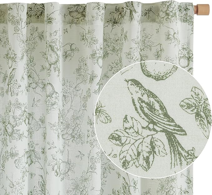 jinchan Linen Floral Curtains for Living Room 63 Inch Long Sage Green Printed Flower French Country Curtain Farmhouse Cottage Core Toile Curtains Back Tab Light Filtering Window Drapes Set 2 Panels - Image 8