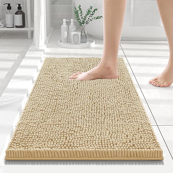 Smiry Luxury Chenille Bathroom Rugs 24x16, Extra Soft and Absorbent Shaggy Bath Mat, Machine Washable, Non-Slip Plush Carpet Runner for Tub, Shower, and Floor, Home Decor Accessories, Beige by Smiry