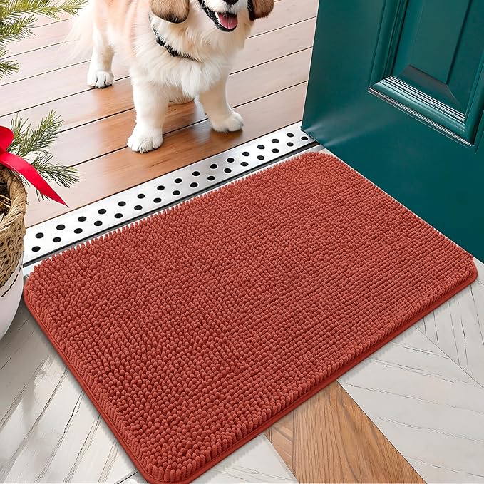 OLANLY Dog Door Mat for Muddy Paws 24x16, Absorbs Moisture and Dirt, Absorbent Non-Slip Washable Doormat, Quick Dry Chenille Mud Mat for Dogs, Entry Indoor Entryway Carpet for Inside Floor, Maple Red by OLANLY