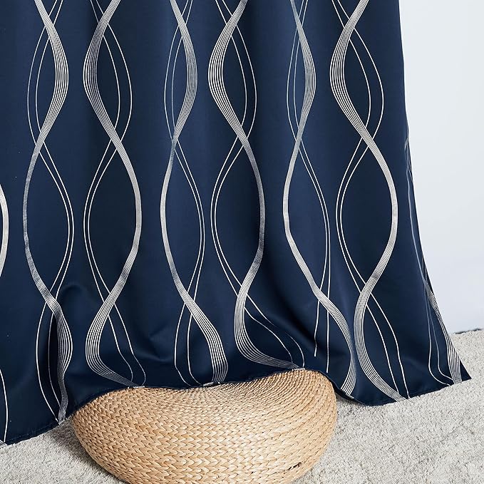 NICETOWN Navy Blue Blackout Curtain Panels 84 inches Long, Window Treatment Foil Printed Wave Lines Thermal Insulated Grommet Drapes for Living Room/Office/Guest Room(1 Pair, 52" Wide) - Image 5