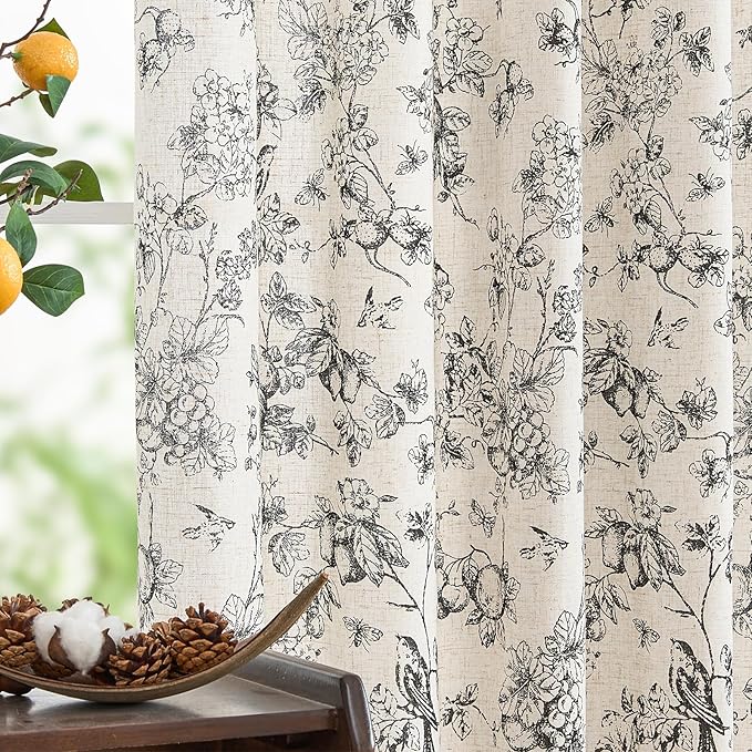 jinchan Linen Floral Curtains for Living Room 96 Inch Length Black Printed Flower Light Filtering French Country Curtain Farmhouse Cottage Core Toile Curtains Back Tab Window Drapes Set 2 Panels by JINCHAN