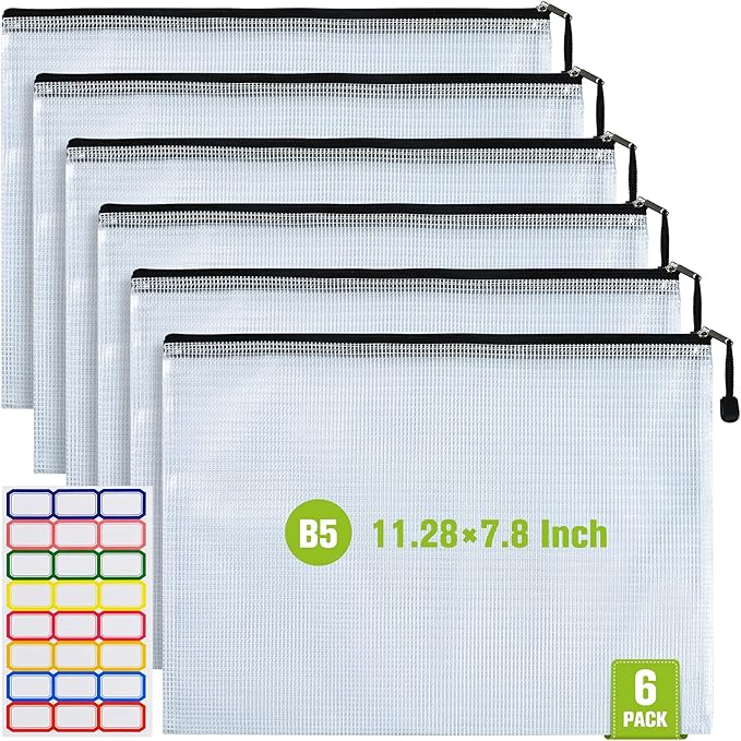Mesh Zipper Pouch, 6PCS Waterproof Plastic Mesh ZipperBag, B5 Size Tear-Resistant Document Pouch, Extra Large Zip File Bags, for School Office Supplies Home Travel Storage(11.26×7.9 Inch) by AstenInc