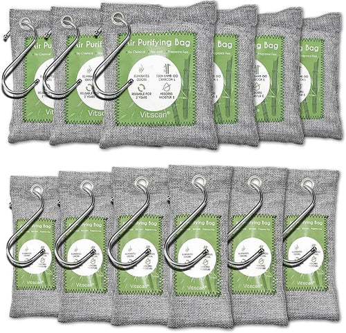 12 Pack Bamboo Air Purifying Bag, Activated Charcoal Bags Odor Absorber, Moisture Absorber, Natural Car Air Freshener, Shoe Deodorizer, Odor Eliminators For Home, Pet, Closet (6x50g, 6x150g) by VITSCAN