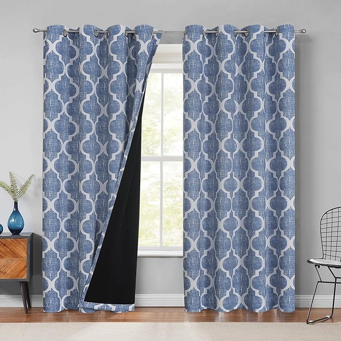 Beauoop 100% Blackout Curtains 96 Inches Long 2 Panels for Bedroom Living Room Blue Moroccan Geo Room Darkening Thermal Insulated Soundproof Grommet Top Window Treatments Drapes, 50x96 Set of 2 by Beauoop