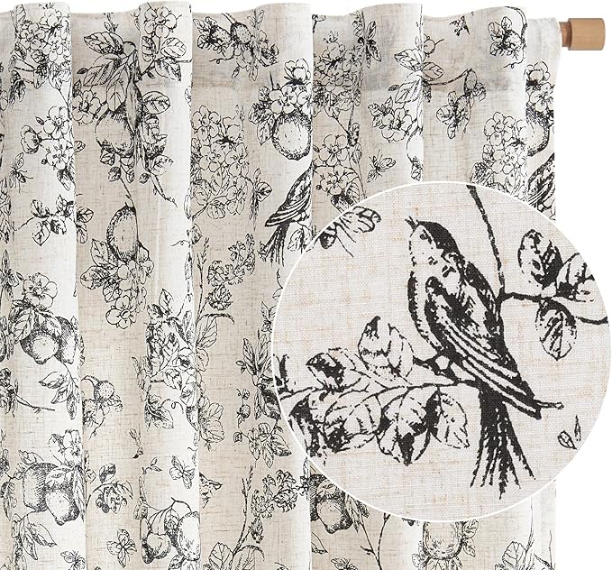 jinchan Linen Floral Curtains for Living Room 63 Inch Length Black Printed Flower Light Filtering French Country Curtain Farmhouse Cottage Core Toile Curtains Back Tab Window Drapes Set 2 Panels - Image 8